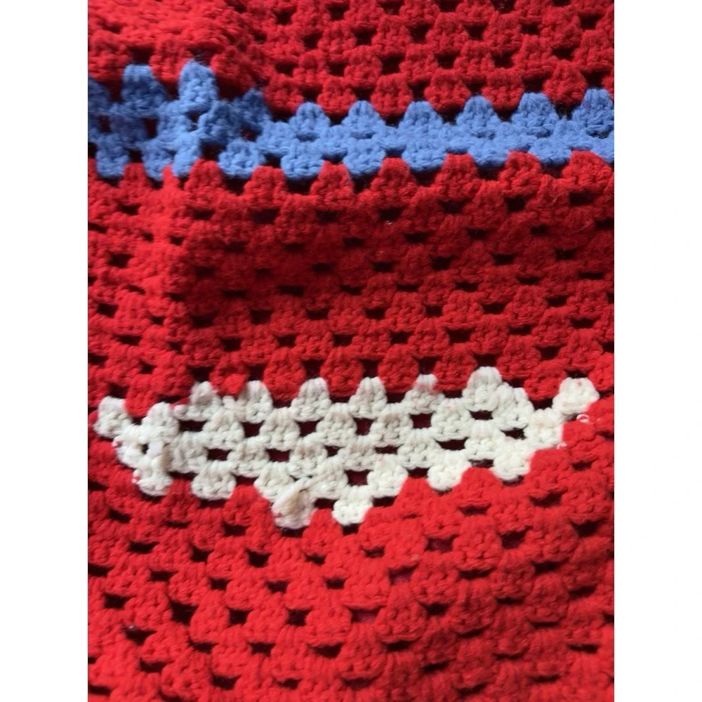 Hand Crocheted Afghan Blanket Red White Blue Geometric Block Throw Vintage